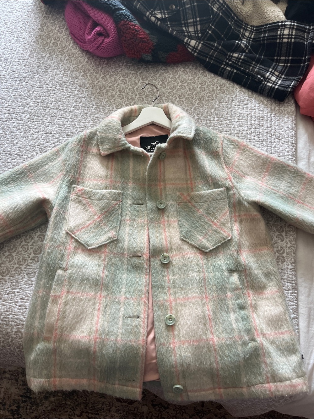 Hollister Pastel Green & Pink Plaid Kids Pea Coat
